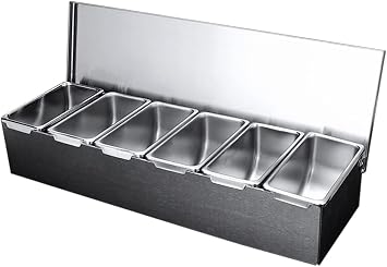 6 Compartment Trays, Stainless Steel Detachable Topping Station with lid Pizza Ingredients Condiment Dispenser Reusable Ice Cooled Condiment Seasoning Container