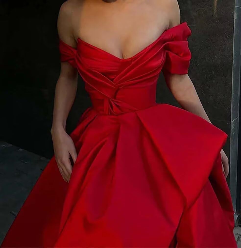 Off Shoulder Satin Prom Ball Gown Long Ruched A Line Fluffy Wedding Formal Evening Party Dress with Slit - Image 2