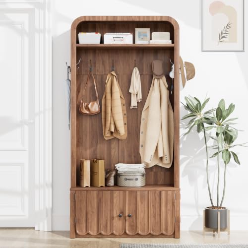 Narrow Hall Tree with Bench and Shoe Storage, Arched Entryway Coat Rack with Adjustable Shoe Cabinet,8 Hooks, Modern Rustic Mudroom Storage Organizer with Scalloped Wave Fluted Doors (Walnut)