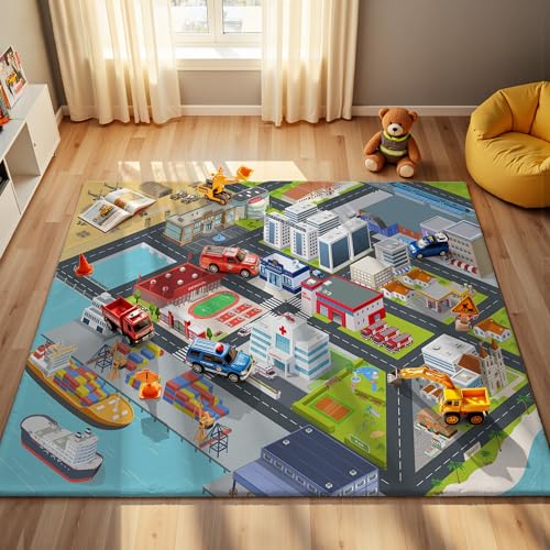 Nayoroom Kids Harbor City Road Rug Faux Wool Car Map Non-Slip 5 x 7 ft
