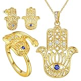 Weiß Blau CZ Hamsa Hand Halskette Fatima Hand Evil Eye Verstellbarer Ring und Ohrringe Set Sterling Silber 18K vergoldet Hamsa Hand of Fatima böser Blick Halskette Ohrringe Ring Schmuck Set FS0191Y