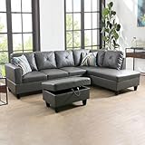 UBGO Living Room Furniture Sets,Faux Leather Sofas & Couches,3-Piece Sectional Sofa Set Include Three-Seater Couch with Chaise Lounge & Storage Ottoman,L-Shape Sofa-Dark Grey (Right Hand Facing)