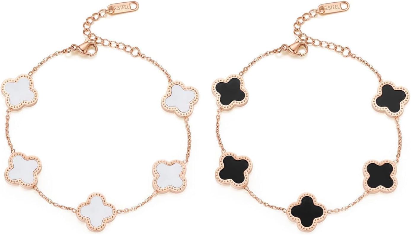 XOPOZON2PCS Four-Leaf Clover Bracelet, Women's Titanium Steel Bracelet, Exquisite Enamel Jewelry, Simple Design Style, Lucky Symbol, Jewelry Suitable for Girls and Ladies (Black+White)