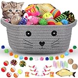 Zopeal 58 Pcs Cat Storage Basket Gift Toys Set, Colorful Flashing Balls Pet Bell Crinkle Balls Spring Toys Attract Cat to Swat, Bite, Hunt, Interactive for Pet(Gray)