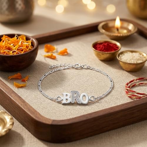 Image of Parnika 925 Pure 92.5 Sterling Silver Bro Floral Mor Pankh Flute Evil Eye Veera Shankh Rakhi Bracelet for Brother | Hallmarked Silver Raksha Bandhan Rakhi | Premium Adjustable Rakhi Gift