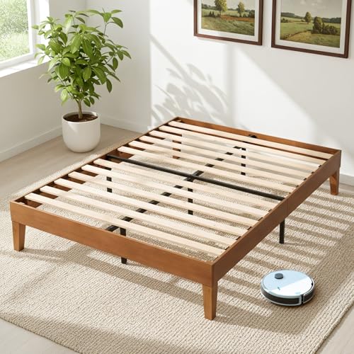 Image of Sweetcrispy Solid Wood Bed Frame, Full Size Bed Base with Wood Slat Support, Sturdy, Stylish & Noise-Free Design, No Box Spring Needed, Easy Assembly, Dark Brown