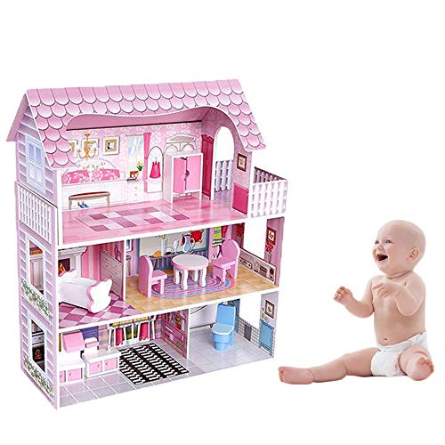 Puppenhaus aus Holz für Mädchen und Jungen ab 3 Jahren, große Puppenstube, Kinder Spielzeug aus Holz FSC 100%, mit 3…