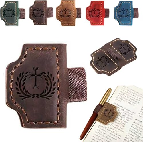 Maoer 2-in-1 Genuine Leather Pen Clip Bookmark Cross Bible Bookmark with Pen Loop Christian Religious Gift for Book Lovers Bible Readers Easter Christmas Baptism Confirmation Gifts for Men Women