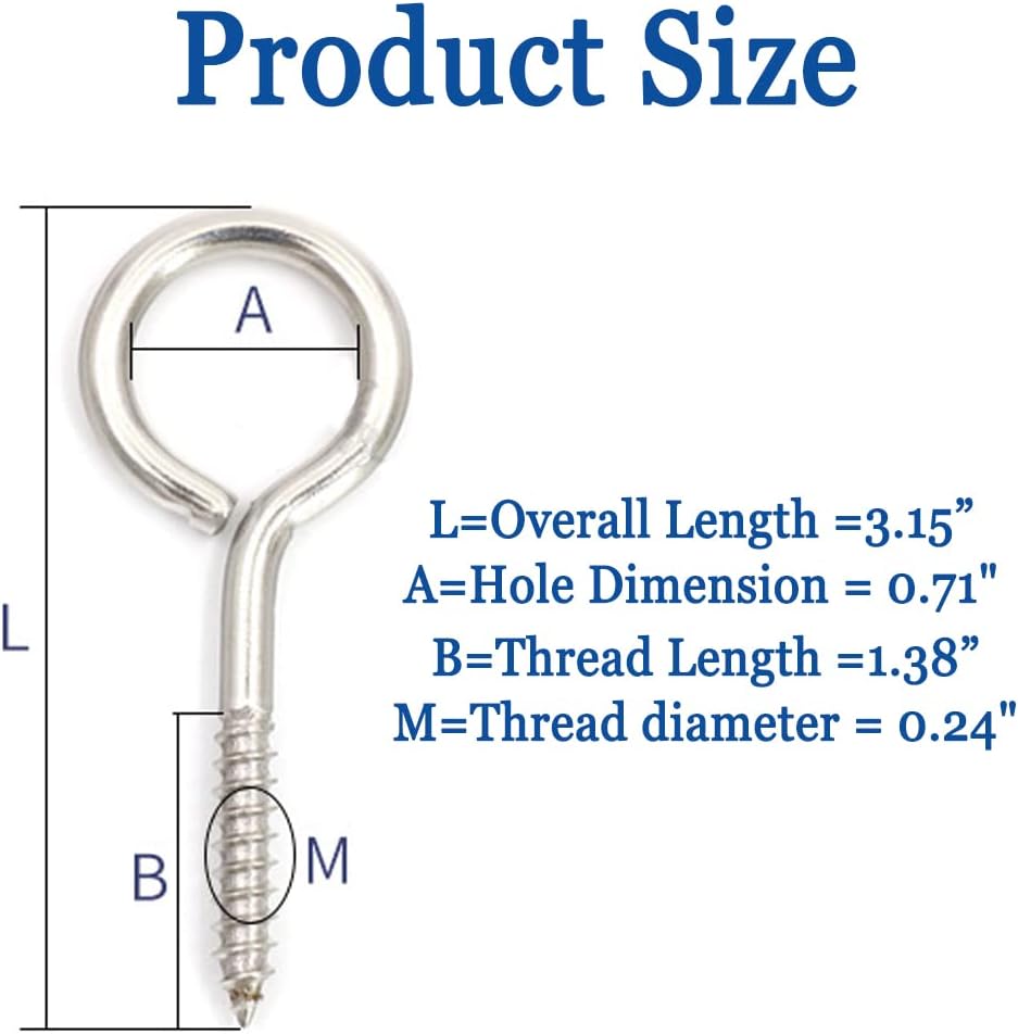 12 Pack 3.2 Inches Screw Eyes, 304 Stainless Steel Heavy Duty Screw in