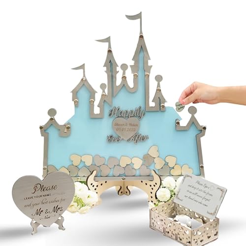 Custom Fantasy Princess Castle Alternative Guest Book Drop Box, Personalized Fairy Tale Castle With Flag Guestbook, Drop Box With Wooden Hearts For Wedding, Quinceañera, Birthday Celebration Decor