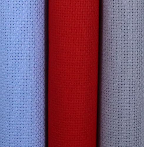 Image of KCS 3 pc of 15 inch x 18 inch(38cmx45cm) 14 Count Cross Stitch Cotton Aida Cloth Needlework Rolled Fabric Box,14CT,Light Blue+Red+Light Steel Grey