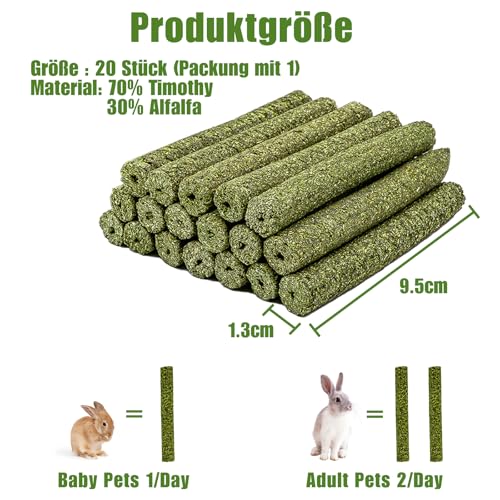 TOKAYIFE Kaninchen Kauspielzeug, 200g Timothy Heu Sticks für Kaninchen, Meerschweinchen, Hamster, Chinchilla, Häschen Leckerli (20 Stück (1er Pack))