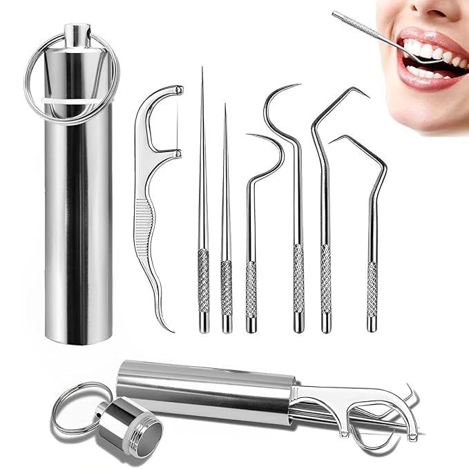 Kruvad 7 In 1 Stainless Steel Teeth Cleaning Tool Kit for Braces Cleaning Daily Oral Care Reusable Dental Floss Toothpicks Storage Tube Professional Teeth Cleaning Picks for Home Travel And Camping-image-37
