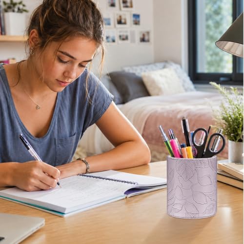 Image of Round Leather Pen Holder for Desk, Desktop Organizer,(Carved Purple)