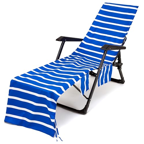 Beach Chair Cover with Side Pockets, Quick Dry Chaise Lounge Chair Towel Cover Soft & Absorbent Microfiber Towel Beach Chair Cover for Pool Garden Outdoor (Sapphire Blue,85''x30'')