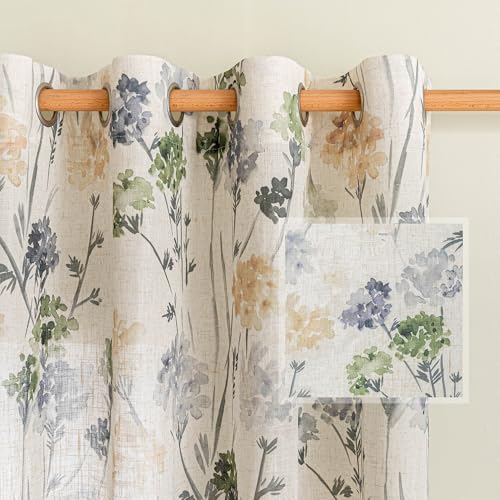 Image of MYSKY HOME Sage Green Floral Linen Spring Curtains 84 inch Long 2 Panels Set Semi Sheer Light Filtering Farmhouse Flower Pattern Grommet Top for Living Room Bedroom, 52 inch W Each Panel