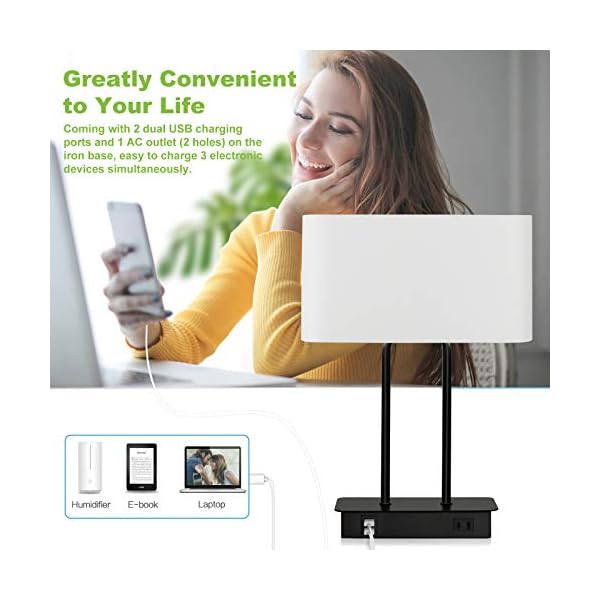 Bedside Touch Control Table Lamp with Dual USB Charging Ports 1 AC Outlet, 3 Way Dimmable Modern Nightstand Lamp with White Fabric Shade, Desk Lamp for Bedroom Living Room Office with 5000K LED Bulb - Image 4