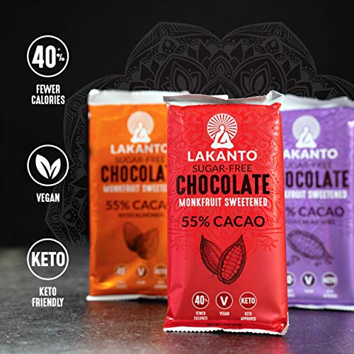 Lakanto Sugar Free Chocolate Bars - Dark Chocolate, Sweetened With Monk Fruit Sweetener, 3G Net Carbs, Keto, Gluten Free, All Natural, Snack, Hot Chocolate, Truffle (Chocolate W Cacao Nibs - 8 Pack) #TOP2