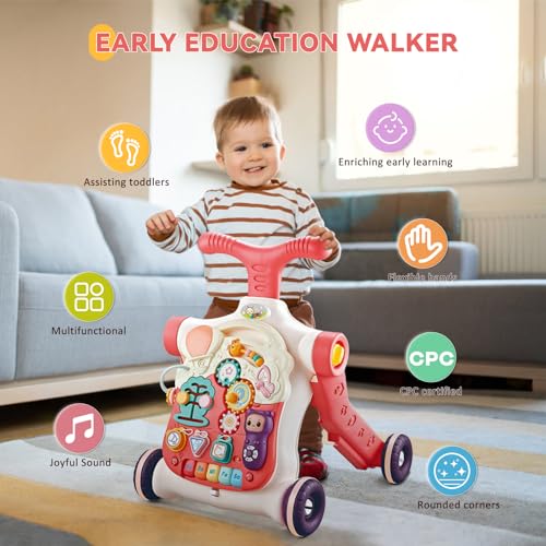 Image of 5 in 1 Baby Walker Sit-Stand Toy, Multifunctional Educational Baby Walker, Removable Play Panel with Music, Push Walkers for Babies 6-12 Months, Pink