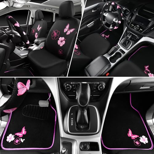 CAR PASS Universal Cloth Butterfly Car Seat Covers Full Set, Embroidered Flower Waterproof Car Floor Mats Carpet, Butterflies Steering Wheel Cover for Car Accessories Interior Sets (Black and Pink) by CAR PASS - Used condition - Image 4