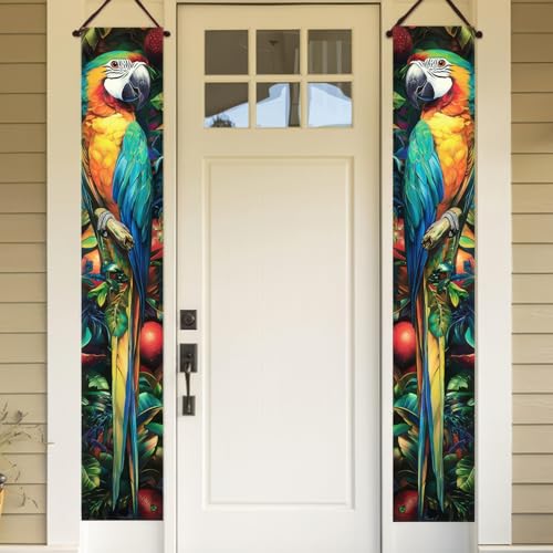Image of BlissYard 2pcs Summer Door Banner Hawaiian Tropical Parrot Porch Sign Banner Tropical Floral Colorful Parrot Wall Hanging Banners for Outdoor Spring Summer Tiki Bar Decor Party Supplies