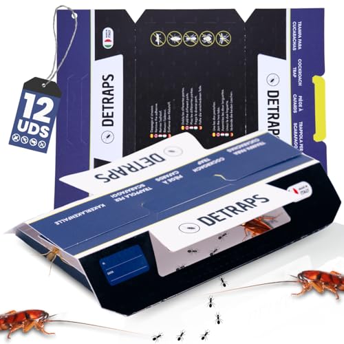 DETRAPS Trampas Adhesivas XL para Cucarachas y Bichos, Atrayente de Avellana, Adhesivo Extra Fuerte, Sin Veneno ni Biocidas, Apto para Mascotas y Niños, Elimina de Forma Segura y Eficaz (12 Trampas)