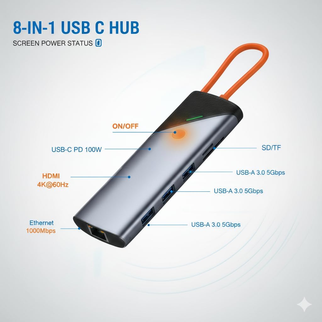 USB-C Docking Station,Type-C Hub with 4K@60Hz HDMI, 3 USB 3.0 Ports, Gigabit Ethernet, SD/TF Card Reader, 87W PD Charging, Compatible with HP, ThinkPad, Lenovo, MacBook Pro (8-in-1)
