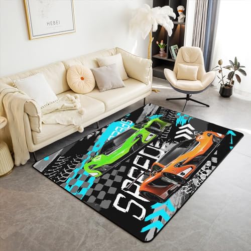 Green Qrange Racing Car Area Rug 3x5 Kids Race car Decorative Carpet for Boys Girls Teens Speed Sports Car Living Room Rugs Extreme Sports Indoor Floo
