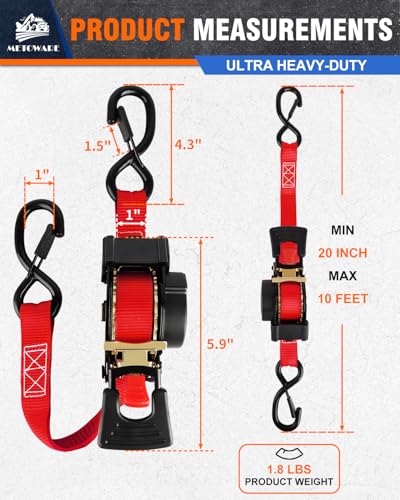 Image of METOWARE Retractable Ratchet Straps (4-Pack) - 1 in x 10 Ft (1500lb Break Strength) - Heavy Duty Auto Self Retracting Tie Down Straps for Truck, Trailer, Cargo Van, Motorcycle - Red