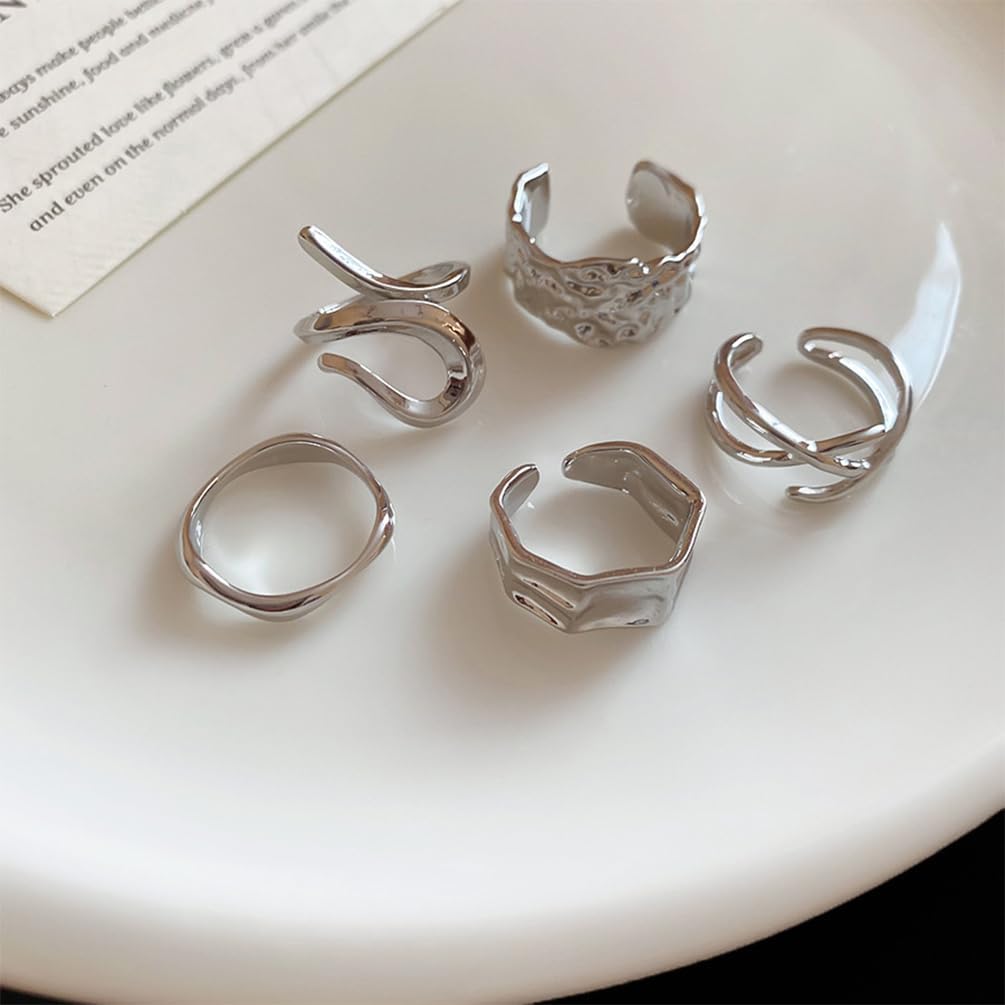 5Pcs Stacking Chunky Gold Pleated Knuckle Rings, Vintage Punk Silver Irregular Geometry Finger Open Ring Set for Women Trendy Party Daily Jewelry Gift - Image 4