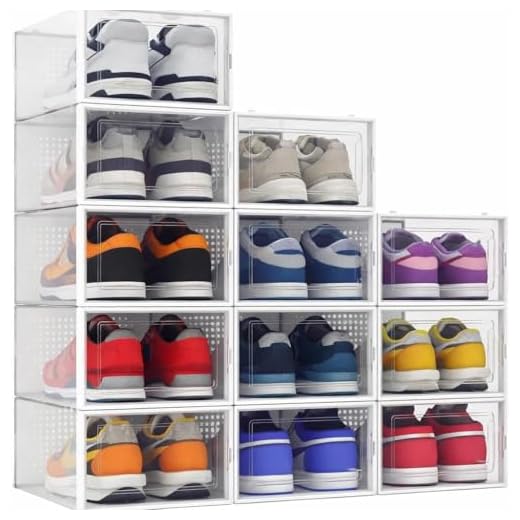 SESENO. 12 Pack Shoe Storage Boxes, Clear Plastic Stackable Shoe Organizer Bins, Drawer Type Front Opening Shoe Holder Containers