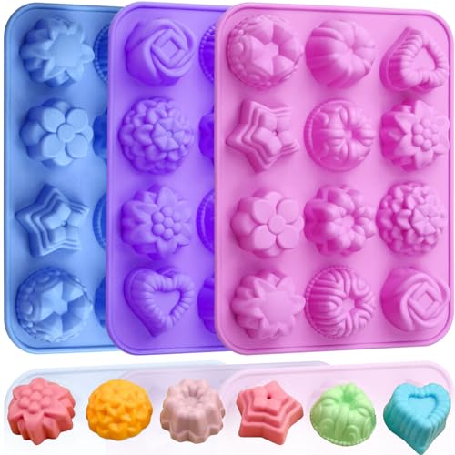 Image of Soap Molds Silicone Flower Shapes 3 Packs for Chocolate Gelatina Lotion Bar Candy Ice Cube Jelly Bathbomb, Blossom Rose Baking Tray Molds Unique Heart Star Food Grade Non-stick Homemade DIY BPA free