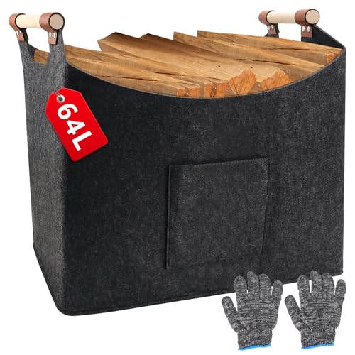 WJMY Kaminholzkorb Filz XL(64L, 50x32x40cm), Holzkorb für Kaminholz Groß, Extra Dicker Filz, Faltbarer Brennholzkorb, Mit Holzgriff und Handschuhen, für Brennholz, Einkäufe
