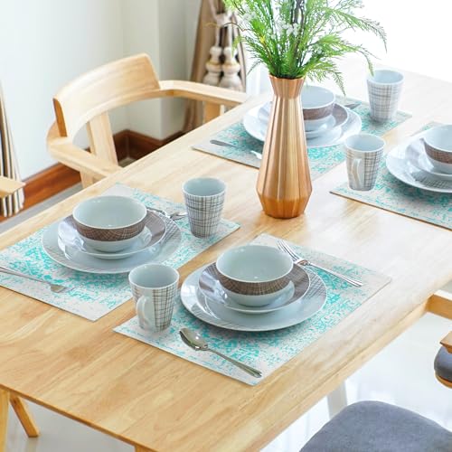 Image of Gray Aqua Turquoise Boho Placemats Set of 6 Ethnic Bohemian Carpet Place Mats Washable Kitchen Dining Vintage Grey Floral Linen Table Mats Stain Heat-Resistant for Home Party Indoor 12x18 in
