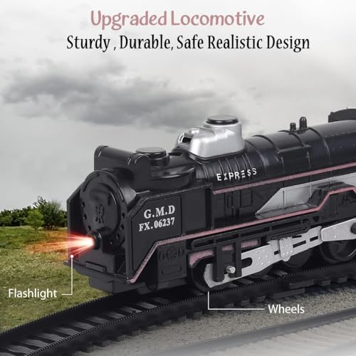 Image of VU Toys Big Black Train Set - Battery Operated Engine with Coal, Passenger Coach, Gray & Yellow Container Coaches and Round & Straight Track-Toy Train with Lights & Sound for Kids (3+ Years)