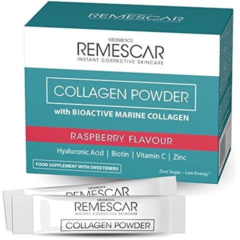 Remescar Collagen Powder Raspberry Flavour 30 Sachets - Contains Hydrolysed Marine Collagen with Hyaluronic Acid, Biotin, Vitamin C, Zinc for Maintenance of Normal Hair and Skin Cover