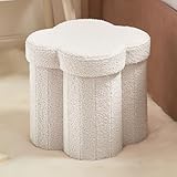 Ornavo Home White Boucle Storage Ottoman Cube – Flower-Shaped Footstool with Hidden Storage, Faux Teddy Fur Foot Rest for Living Room, Bedroom & Dorm, 12" Inch