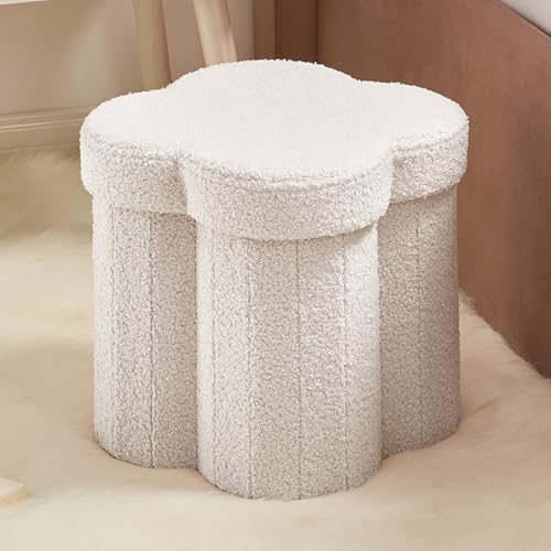 Ornavo Home White Boucle Storage Ottoman Cube – Flower-Shaped Footstool with Hidden Storage, Faux Teddy Fur Foot Rest for Living Room, Bedroom &...
