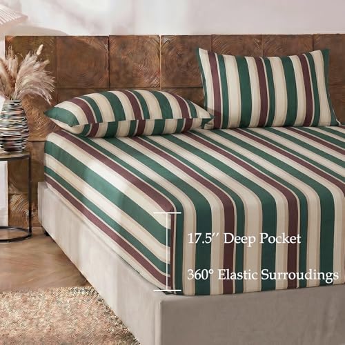 Image of Merryword Green Cabana Striped Sheet Set King Size - 100% Cotton Striped Bedding 4 Pieces, Soft Breathable Percale Weave, 17.5 inch Deep Pocket, Luxury Linen Like, All Season Comfort