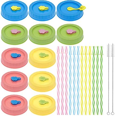 Regular Mouth Mason Jar Lids with Straw Hole/Plastic Straws/Silicone Stoppers/Silicone Rings/Cleaning Brush, Rust-proof, BPA Free Plastic Canning Lids, Great for Drinking & Food Storage(26 Pack) Cover