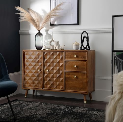 Image of The Attic Diamond Sideboard Honey, Multipurpose Cabinet for Kitchen and Living Room Storage, Classy Sideboard, Solid Mango Wood, Honey Matte Finish
