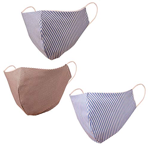 Touchstone Striped Cotton Small Size Face Masks Reusable Washable Handcrafted Double Layer for women, men. (Pack of 3). Brown Blue