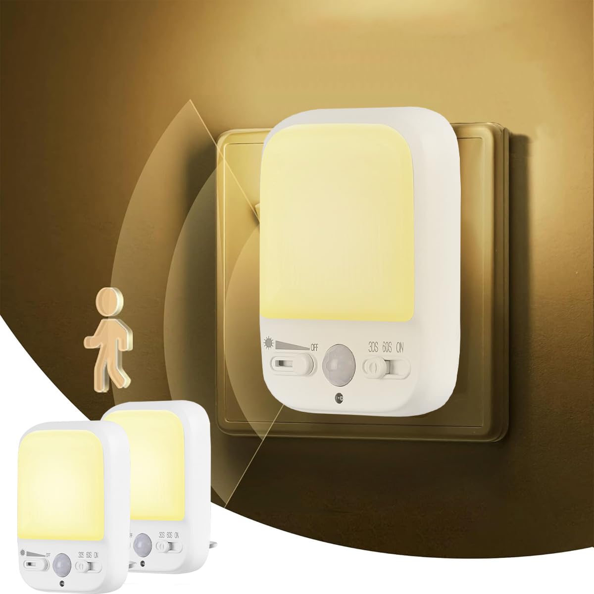 Exrp LED Night Light Plug in Walls, Night Light Motion Sensor with 4 Lighting Modes, Brightness Adjustable Warm White Lamp, Eye-Friendly Night Lighting for Baby, Kids, Hallways, Stairs, GSH-4