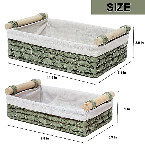 Storage Basket Wicker Baskets for Organizing with Handle Decorative Storage Bins for Countertop Toilet Paper Storage Basket for Toilet Tank Top Small Baskets Set (Set of 2,Green) - Image 4