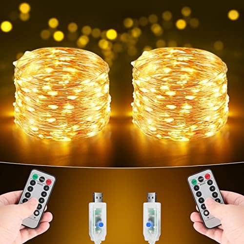 BrizLabs Stringa Luci USB (2 Pezzi), 10M 100 LED Catene Luminose Filo Rame Interni Impermeabile 8 Modalità con Telecomando Lucine LED Decorative per Casa Esterni Natale Feste Matrimonio, Bianco Caldo