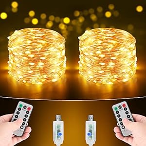 BrizLabs Led-lichtsnoer voor Kerstmis, 10 m, 100 leds, USB-koperdraad, met timer, waterdicht, sfeerverlichting, micro-lichtketting, voor binnen, kamer, bomen, buiten, bruiloft, feest, doe-het-zelf, warm wit