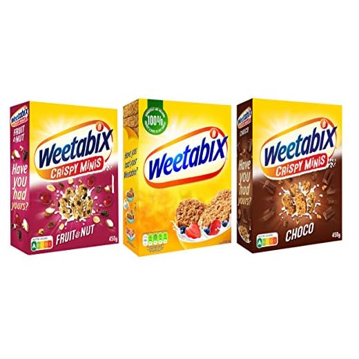 Weetabix 3 pcs. juego de prueba Minis Fruit & Nut, Choco & Original - Cereales de desayuno - Cereales integrales - Alto contenido en fibra, 2x450g+1x430g