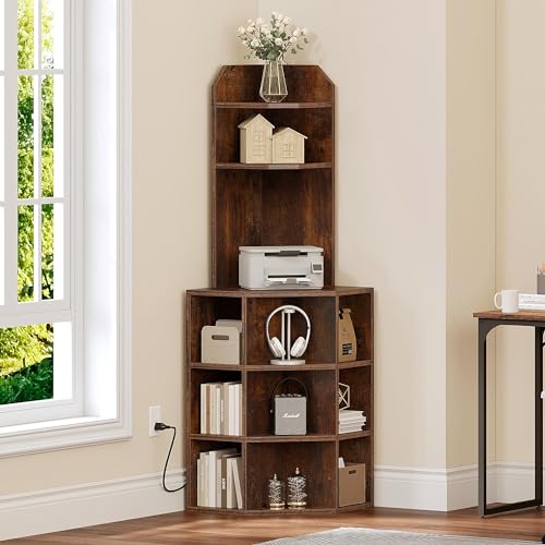 GOOBED Corner Shelf Cabinet, Industrial Corner Storage Rack with Charging Station, Wooden Display Bookshelf Living Room, Bedroom, Dining Room, Kitchen, Rustic Brown