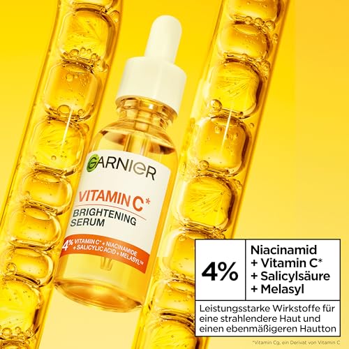 Garnier Vitamin C Aufhellendes Serum gegen Pigmentflecken, Gesichtsserum mit 4 Prozent Vitamin C, Niacinamid, Salicylsäure und Melasyl, für einen strahlenden Teint, für alle Hauttypen, 1 x 30 ml
