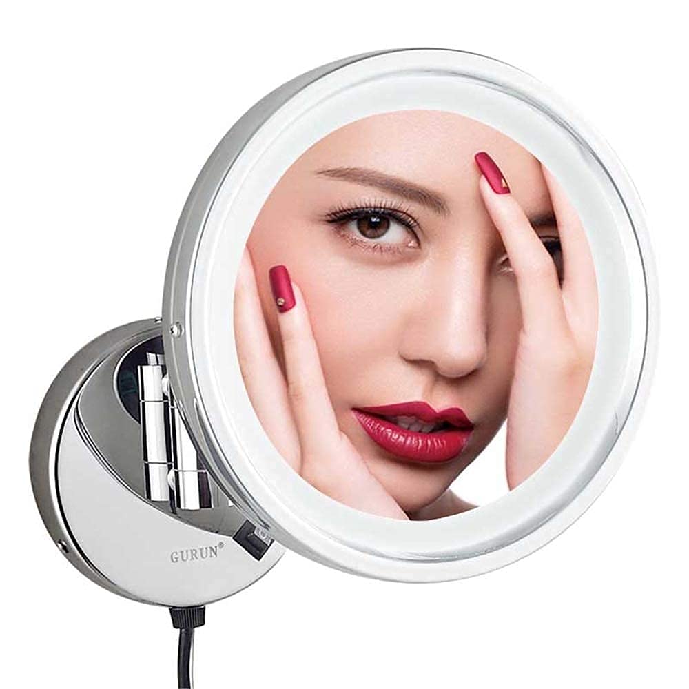 Miroir de maquillage mural en laiton chromé lumineux 8,5" grossissement 3X chic